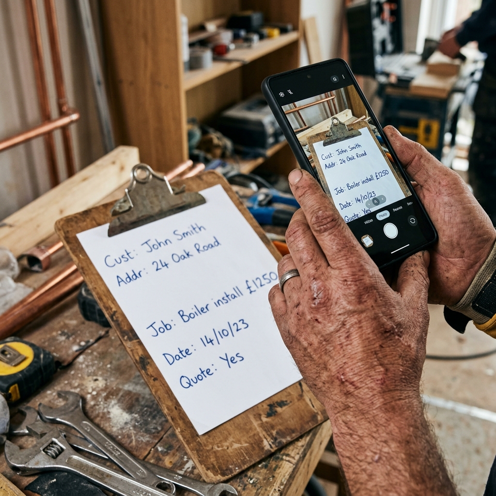 Tradesperson taking a photo of a quote illustration